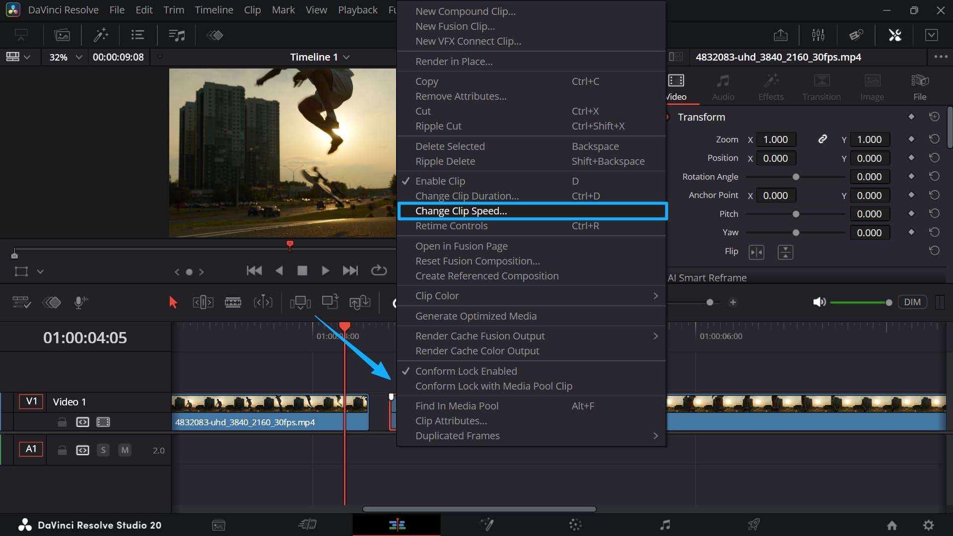 change clip speed DaVinci Resolve