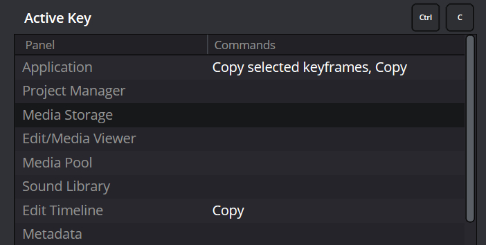 DaVinci Resolve keyboard shortcut active key