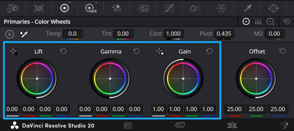 DaVinci Resolve Lift Gamma and Gain wheels
