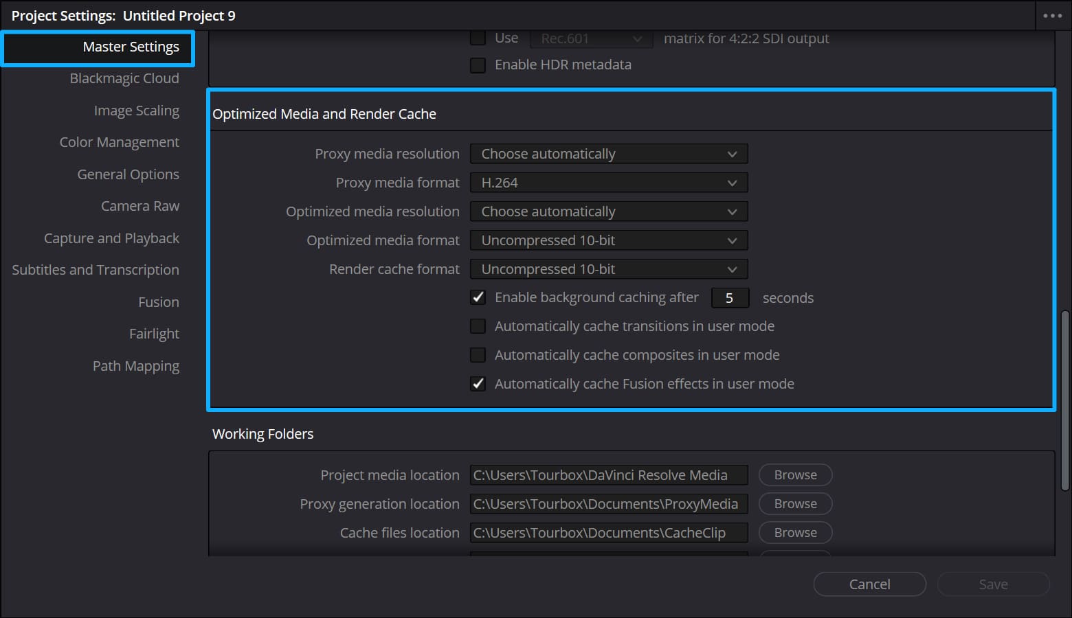 DaVinci Resolve optimized media and render cache