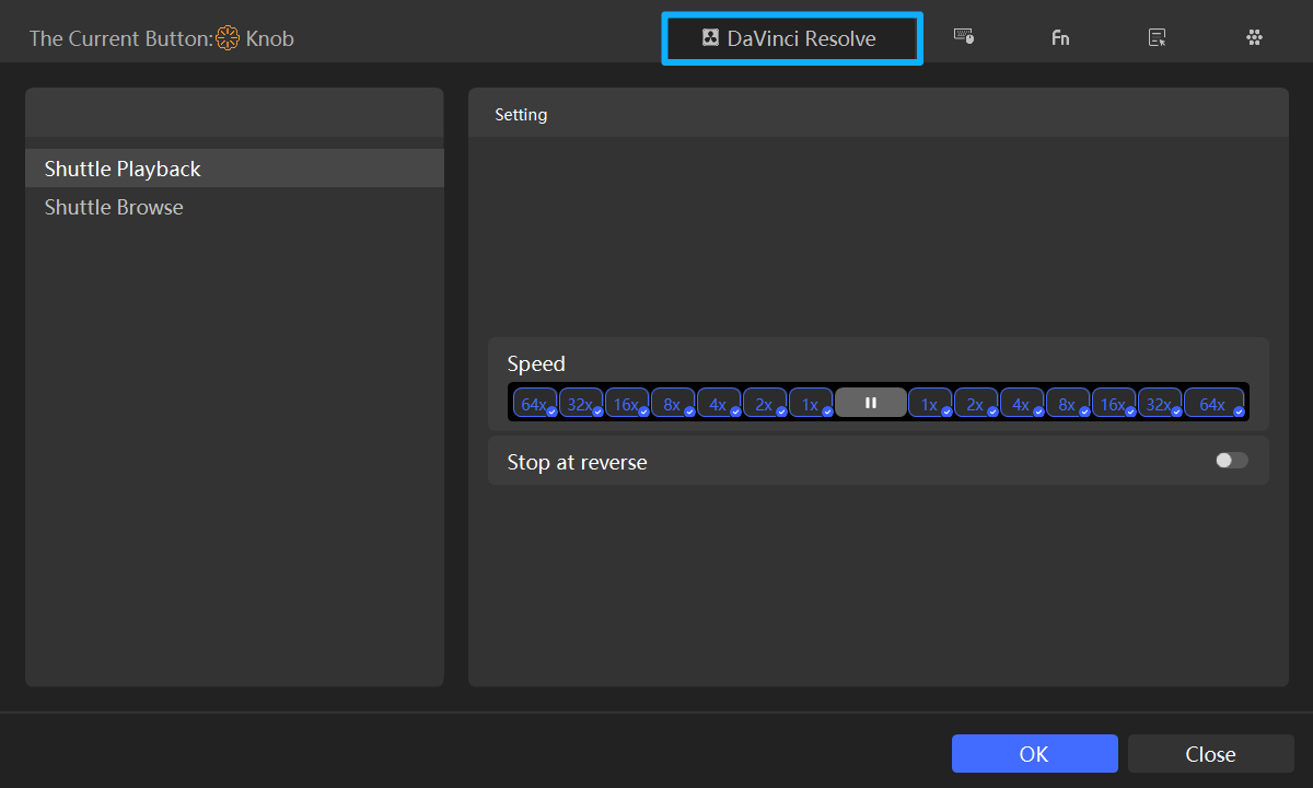 DaVinci Resolve setting page TourBox