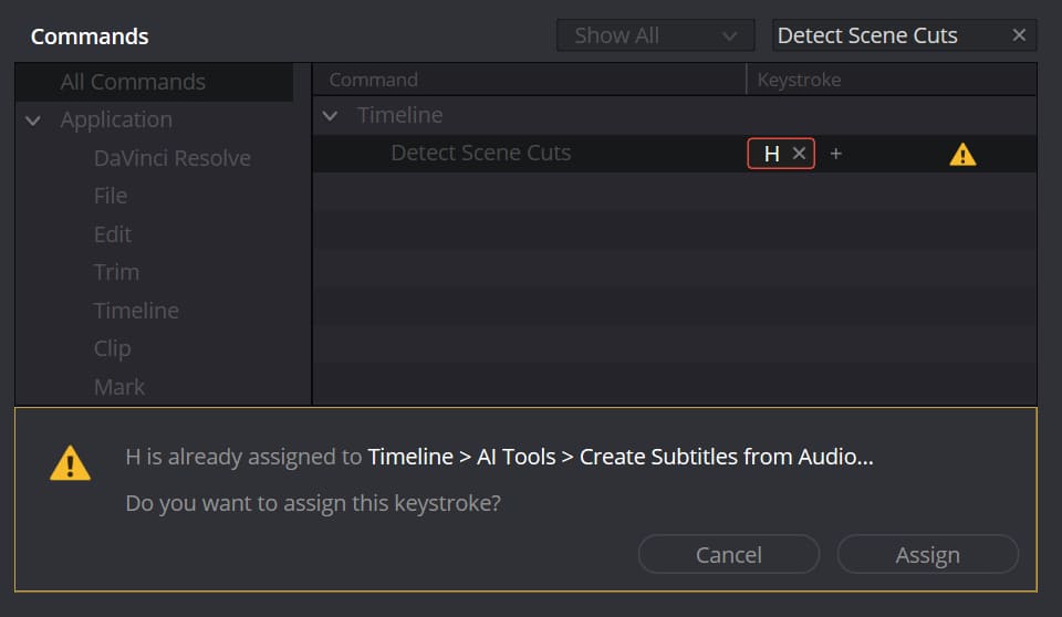 detect scene cuts davinci resolve shortcut