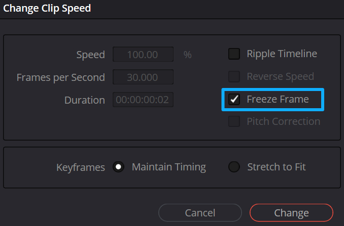 freeze frame setting DaVinci Resolve