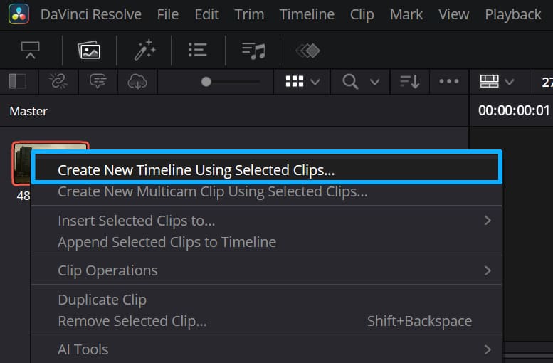 how to create new timeline DaVinci Resolve