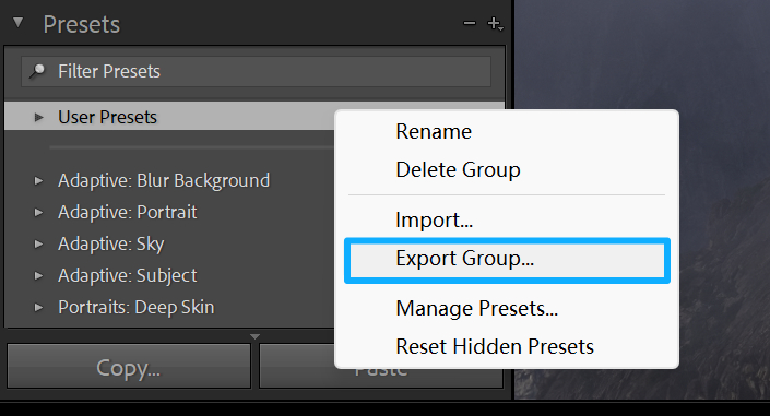 how to export lightroom preset group