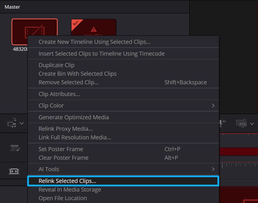 how to relink selected clips DaVinci Resolve