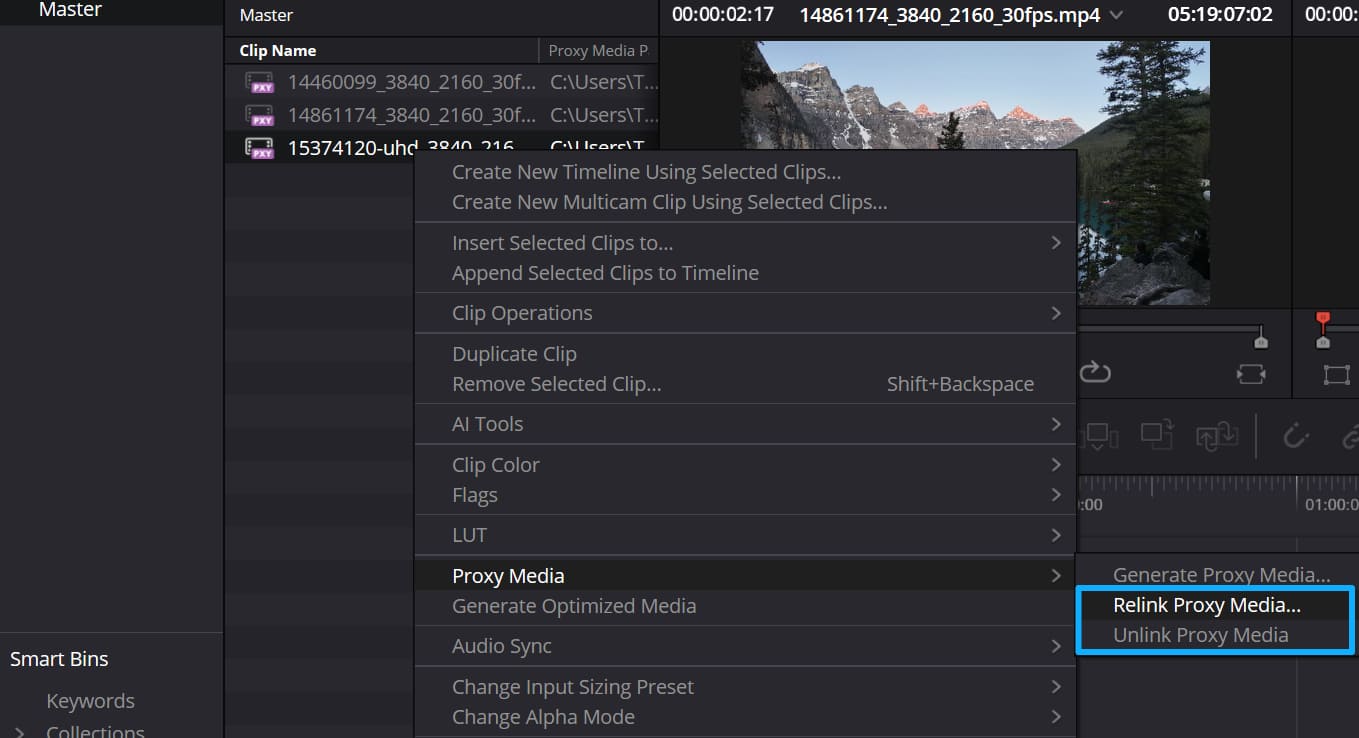relink unlink proxy media DaVinci Resolve