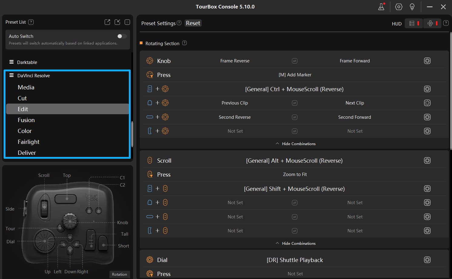 TourBox DaVinci Resolve preset